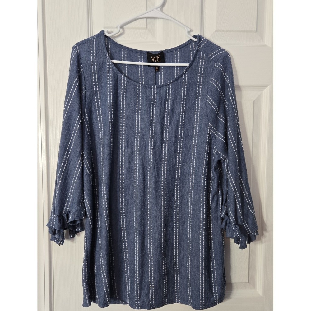 W5 Womans Blouse 3/4 Ruffled Sleeves blue‎ with White Embroidery Size 1X